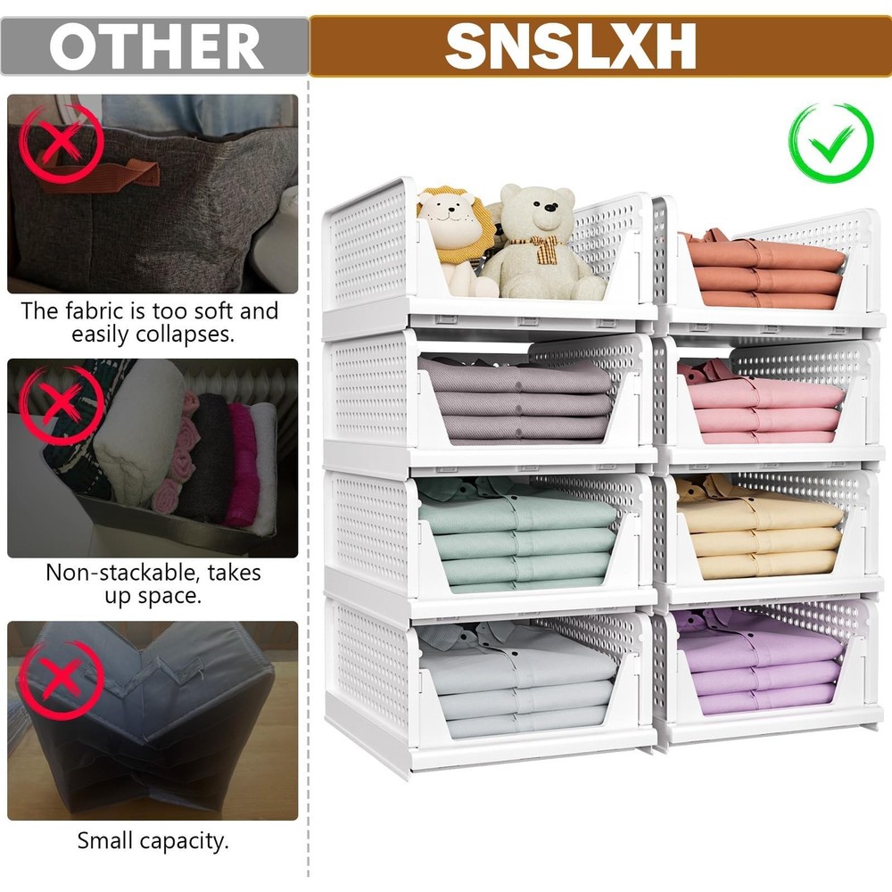 SNSLXH 5 Pack Stackable Closet Storage Basket, Multifunctional & Foldable Closet