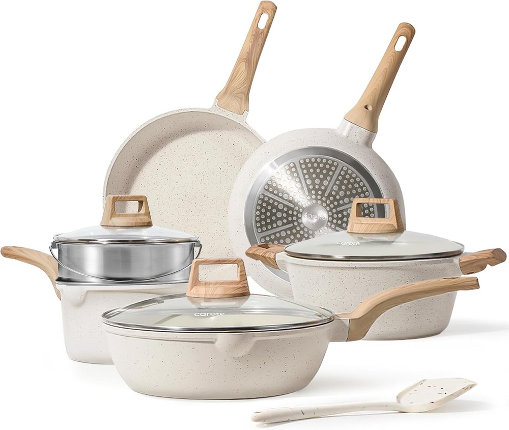 Pots & Pans Set Nonstick White Granite Induction Kitchen Cookware Set 10 Pcs