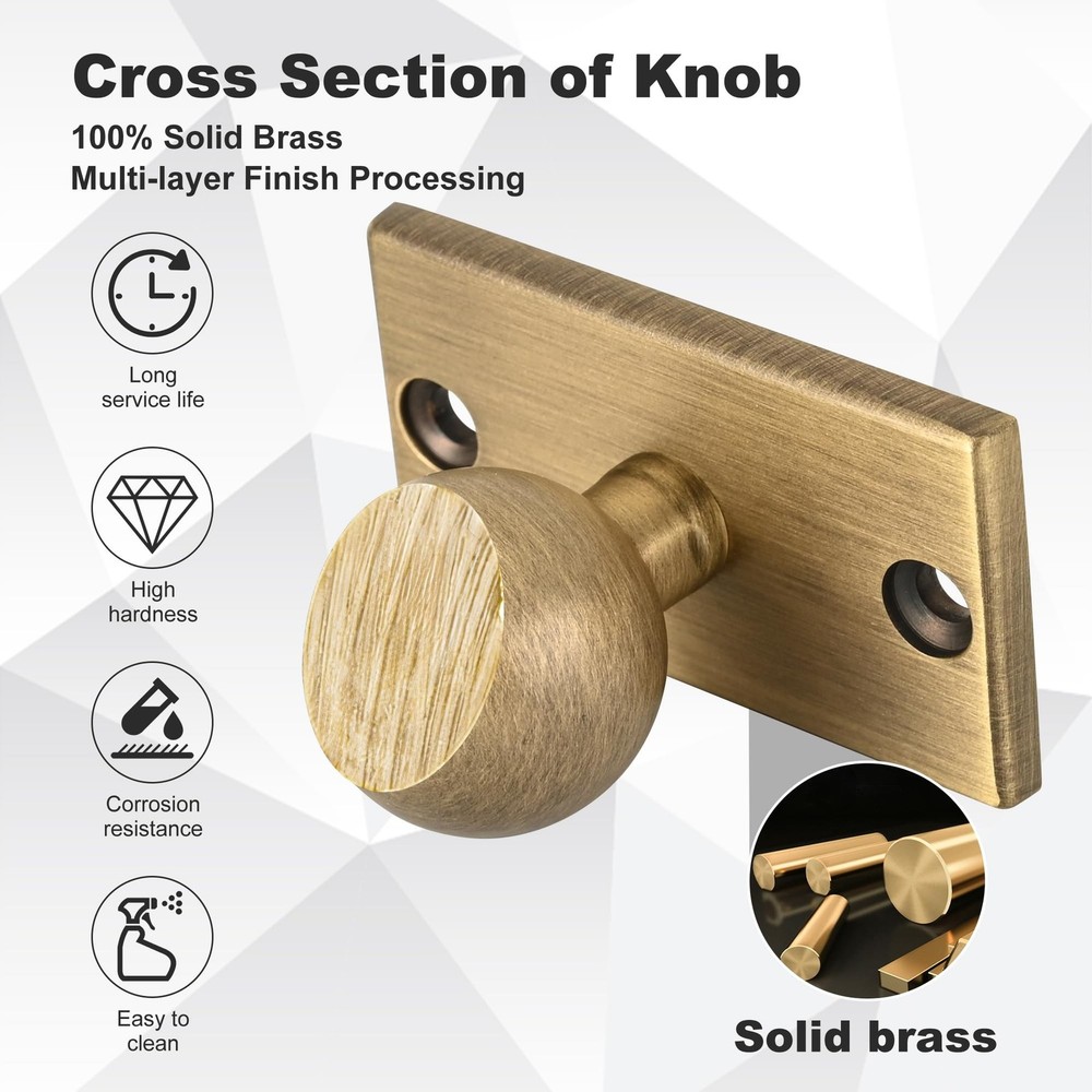 Solid Brass Cabinet Knob with Backplate 5 Pack- Antique Brass Drawer Pulls an...
