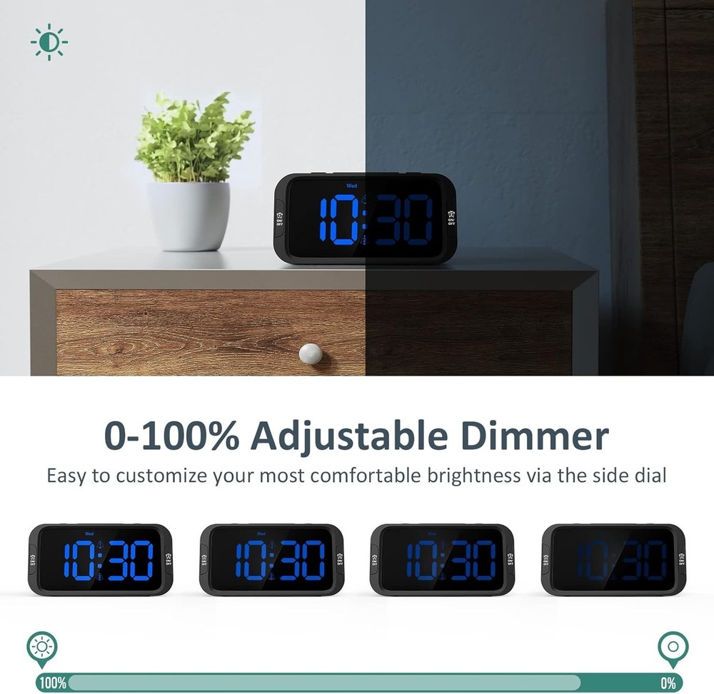 Versatile USB Charging Alarm Clock with Compact Design & Dimmer – Black/Blue LED