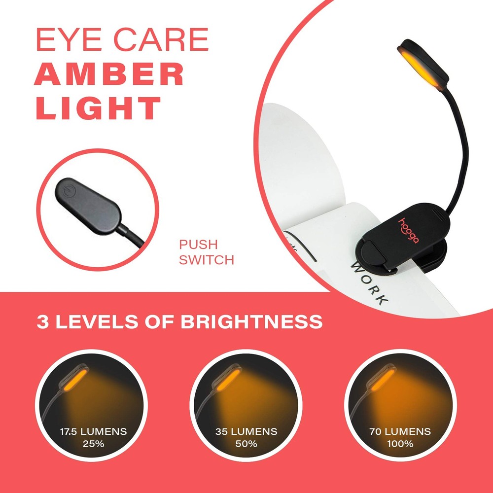 Amber Book Light Rechargeable Clip-On Blue Light Blocking LED Reading Light