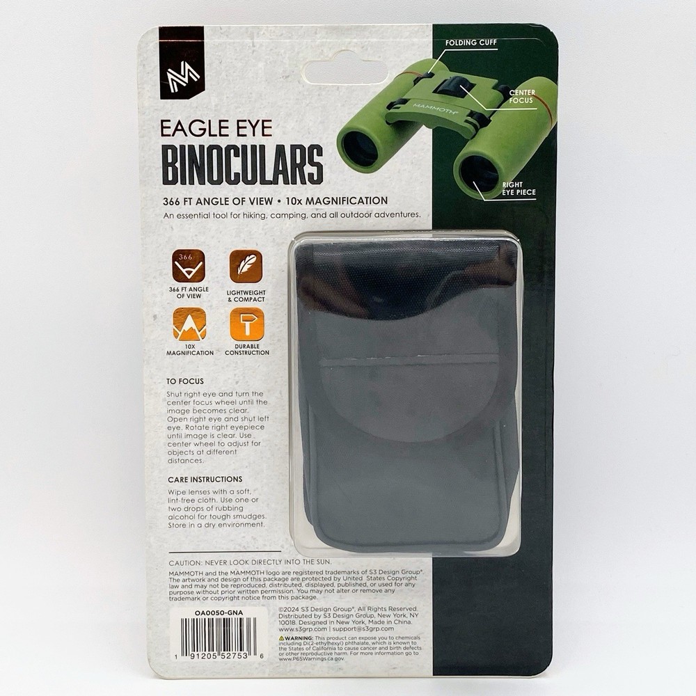 Mammoth Eagle Eye Folding Binoculars Green 10x 366Ft Compact Durable Lightweight