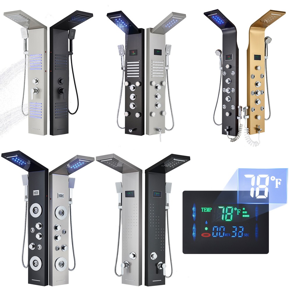 Shower Panel Tower System LED Rain&Waterfall Massage Jet Spraye Stainless Steel
