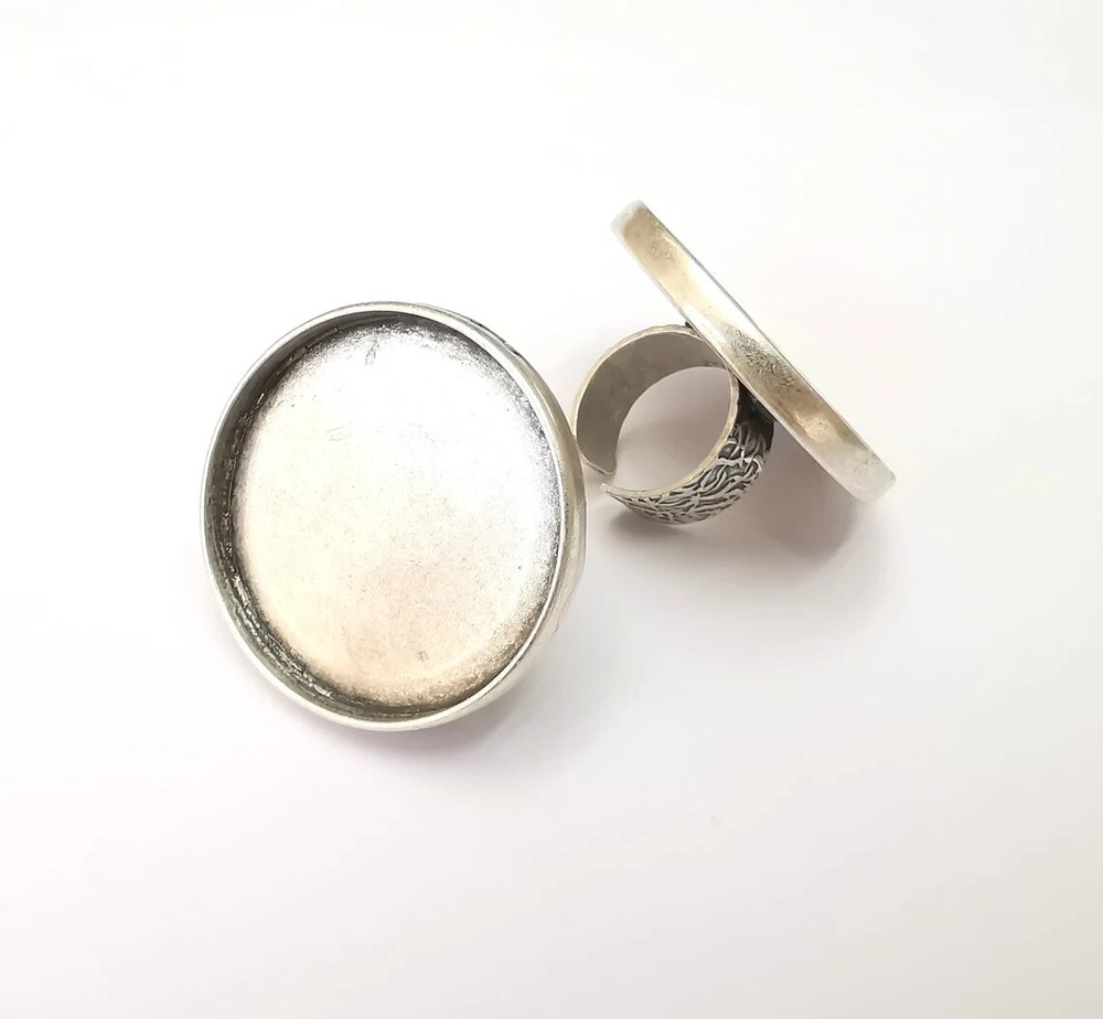 Round Antique Silver Ring Blank Setting, Cabochon Mounting, Adjustable Resin
