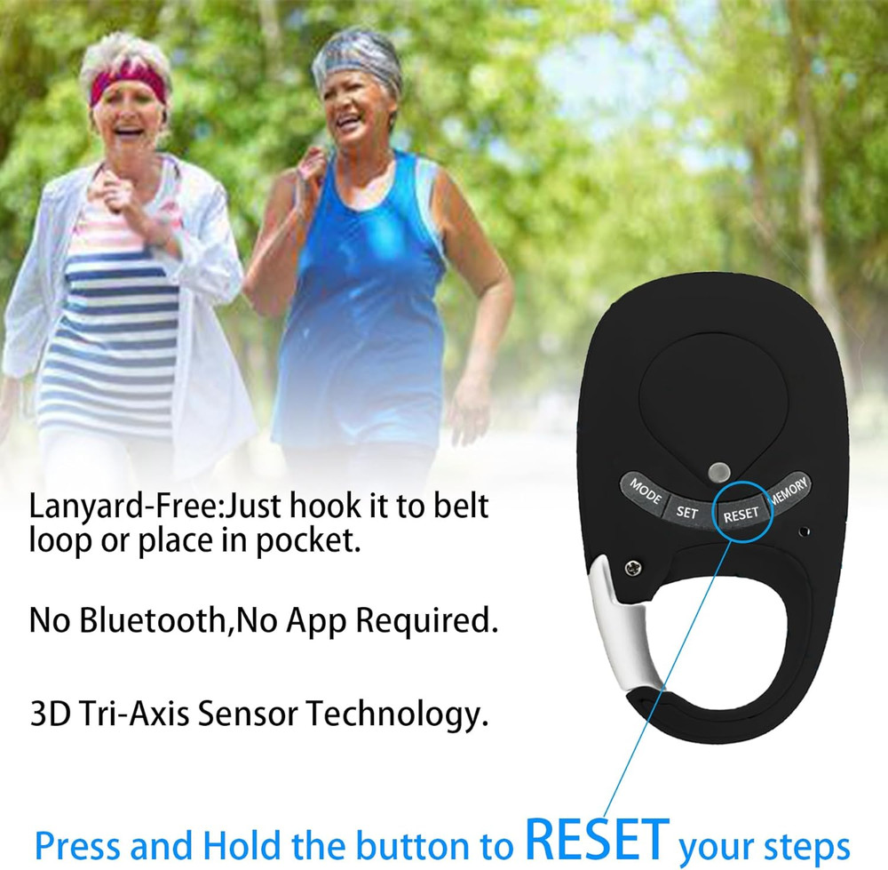 3D Pedometer with Carabiner, Accurate Step Tracker, Step Counter, Distance Track