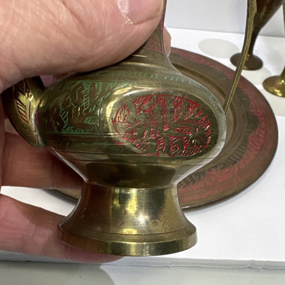 Middle Eastern Brass Coffee Set with Tray, 6 Engraved Colored Goblets, Handmade