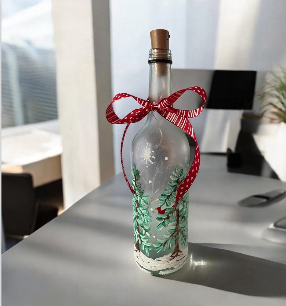 Winter Scene Handpainted On A Lighted Wine Bottle