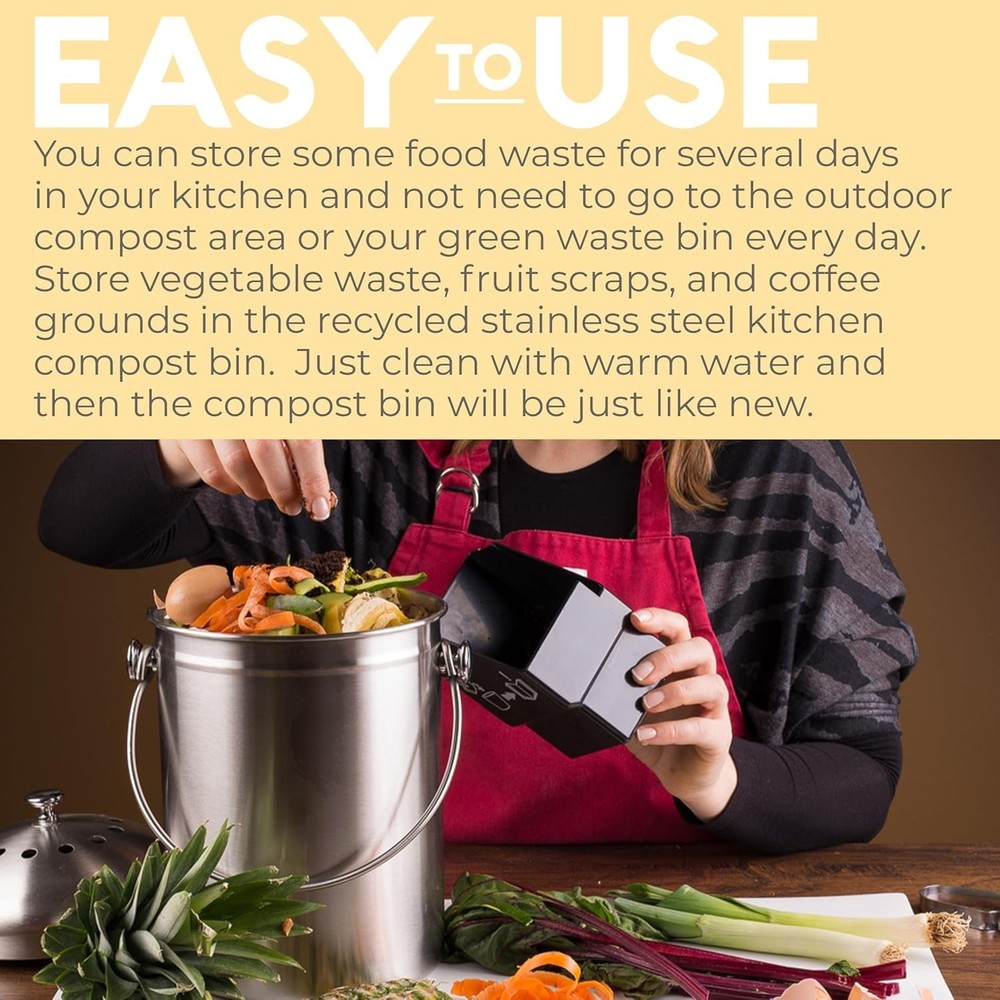 Sleek Stainless Steel Kitchen Compost Bin - Effective Odor Control & Easy Clean