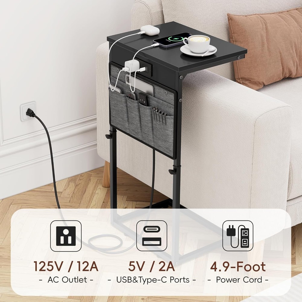 C Shaped End Table W/ Charging Station Tall C Table End Table Adjustable Height