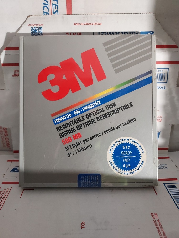 New 3M 5 1/4" Rewritable Optical Disk DOS Format 590 Mb 512 Bytes/Sector - #174a