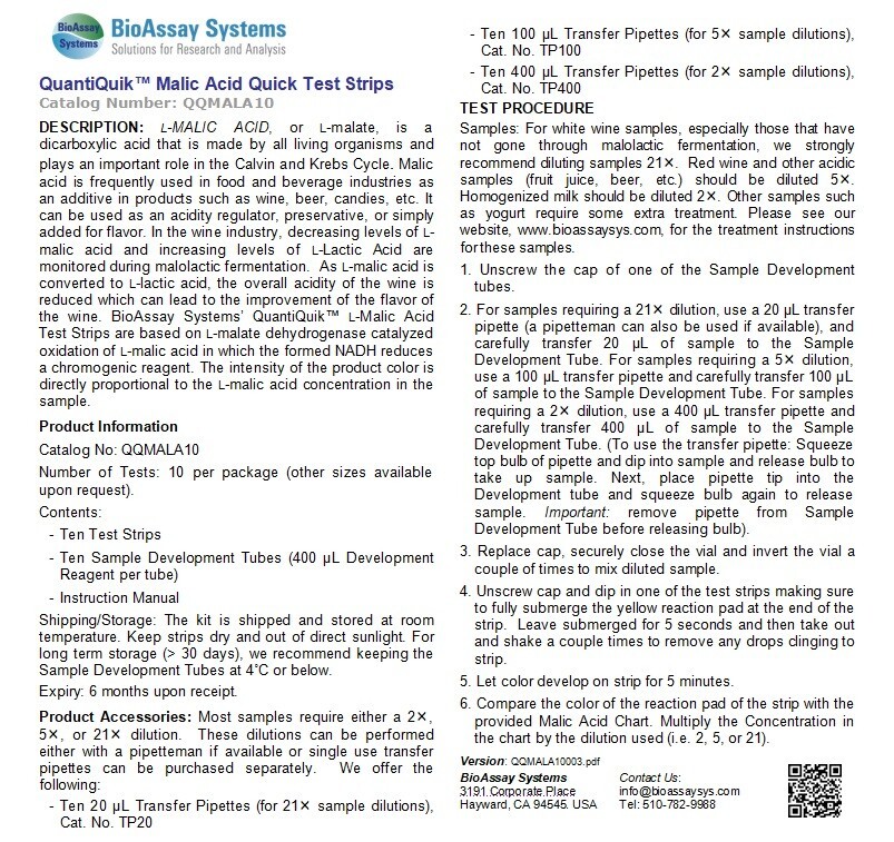 Malic Acid Quick Test Strips