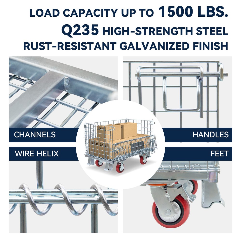 Heavy-Duty Collapsible Wire Mesh Container 1000LBS Load W/ Casters