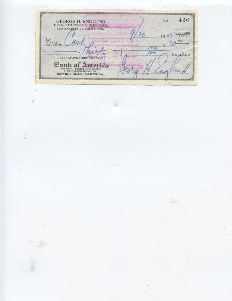 FAMOUS PROUCER AND DIRECTOR "GEORGE ENGLUND" SIGNED 1955 CHECK