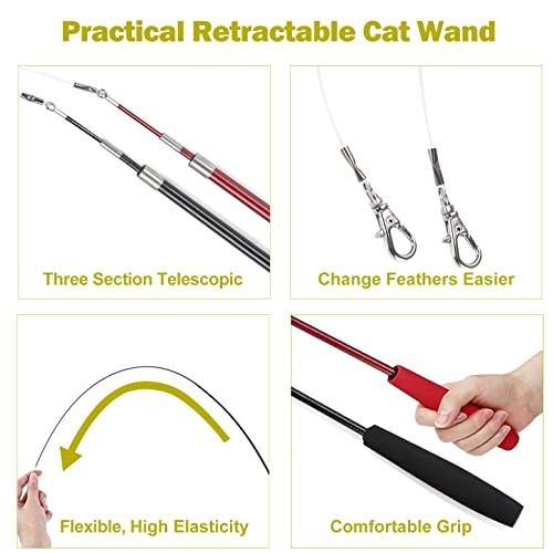 Interactive Cat Toy Set - 2 Retractable Wands & 9 Feather Refills for Indoor Cat
