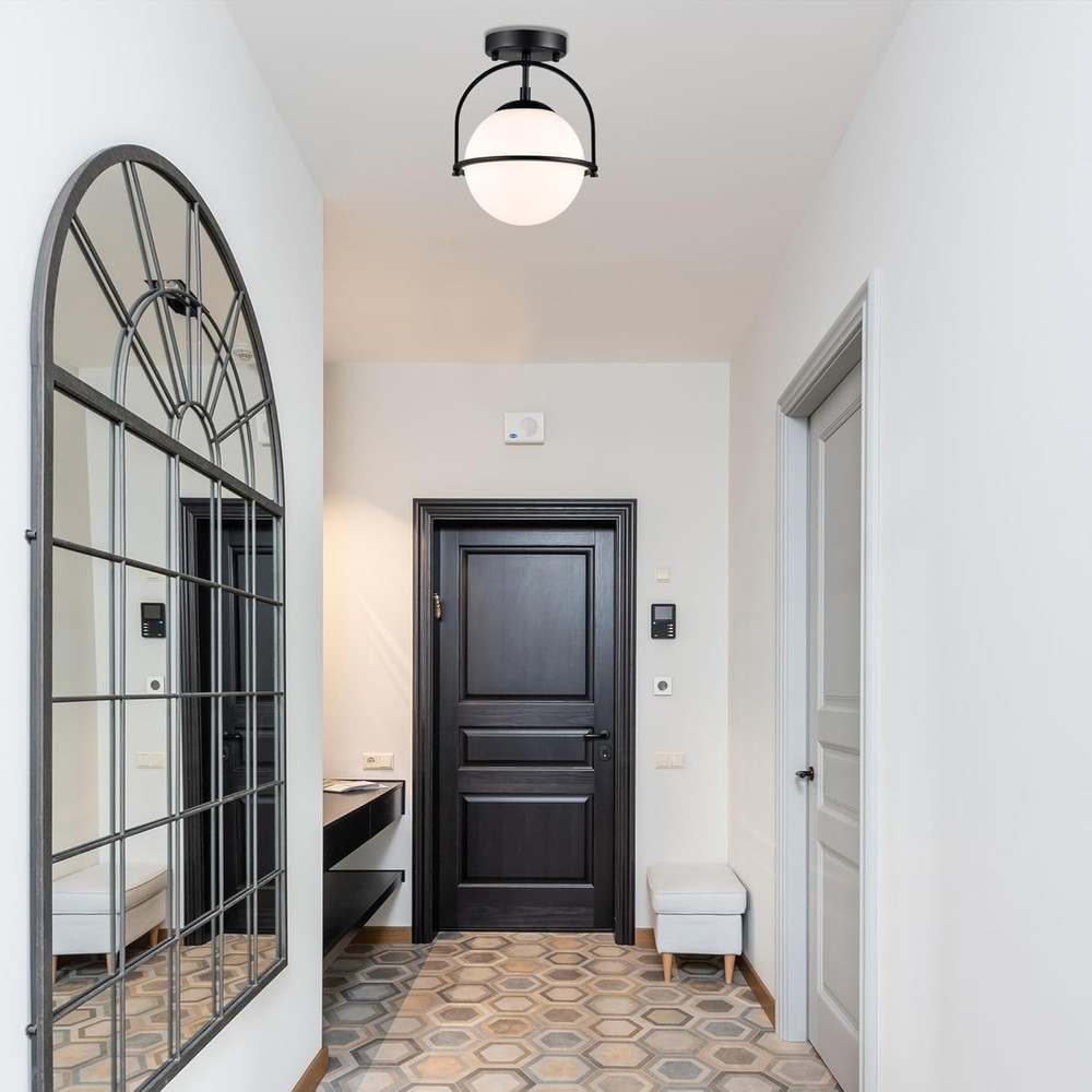 Flush Mount Globe Ceiling Light with Opal Glass Shade, Black E26 Base 1-Light