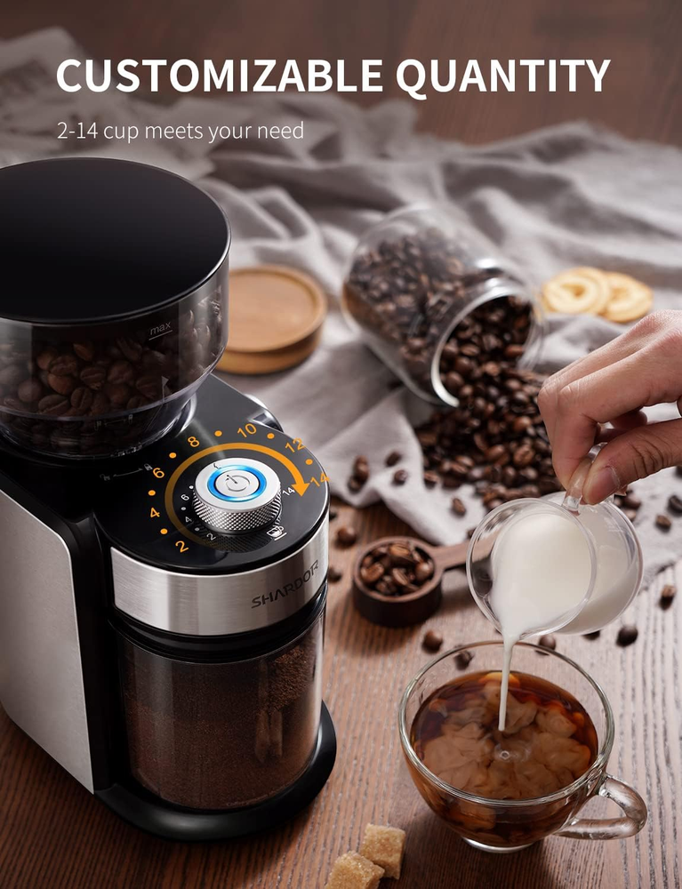Coffee Grinder, Adjustable Burr Mill with 16 Precise Grind Setting for 2-14 Cup,