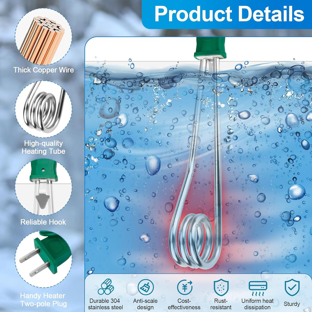 Portable Immersion Water Heater 1500W 110V Dual Voltage Portable Water Heater El