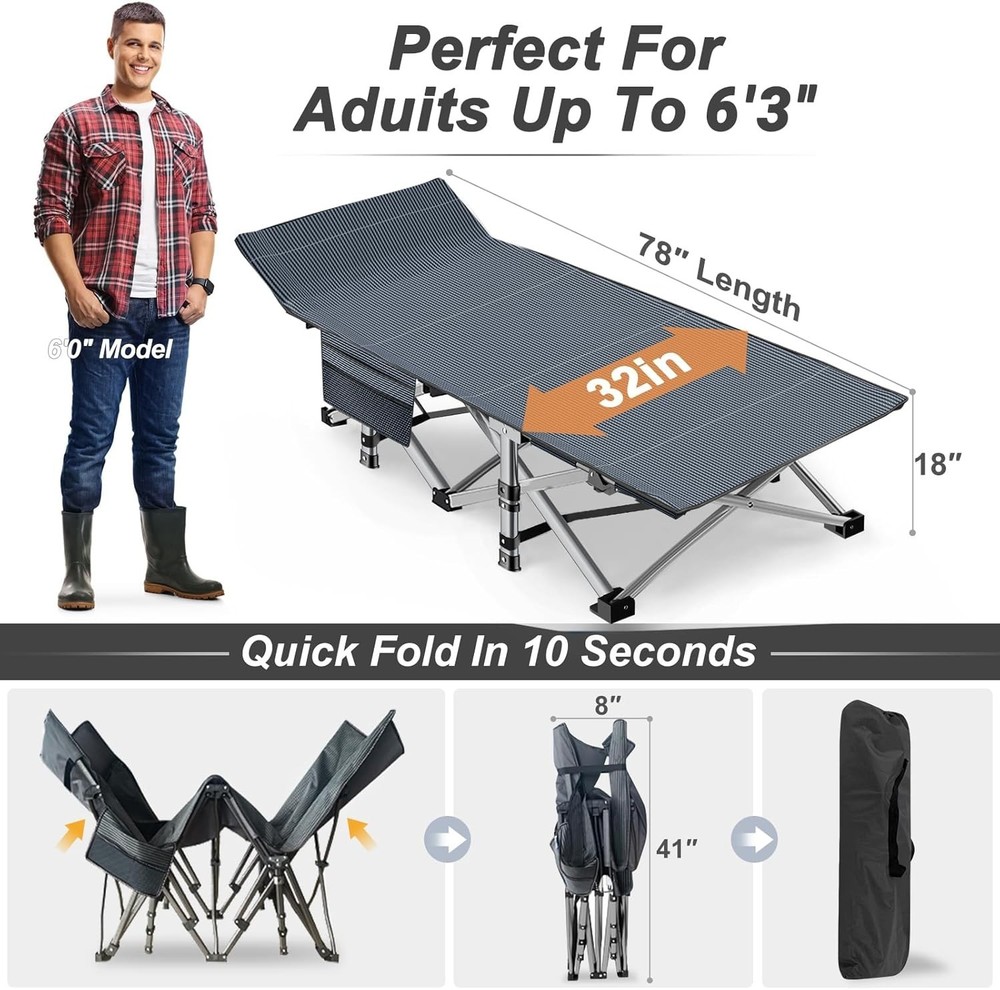 Camping Cot for Adults, Oversized 78"x32" with Heavy Duty Frame and Mesh Surface
