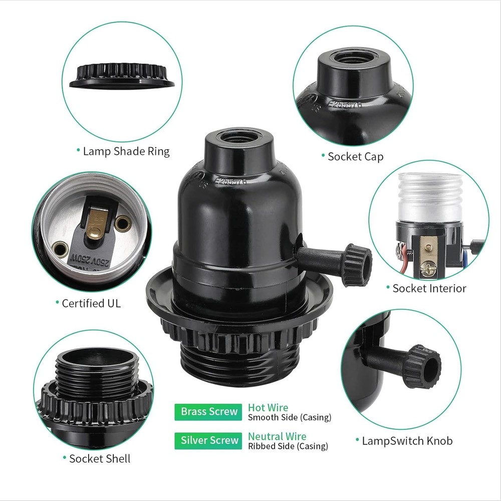 Durable Medium Base Lamp Socket with 2 Shade Rings for Easy Replacement