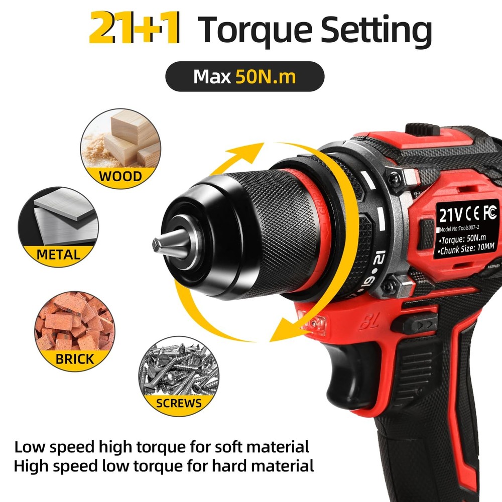 21V Cordless Power Drill/Driver Set, 2 Variable Speeds with LED Light, 3/8" K...