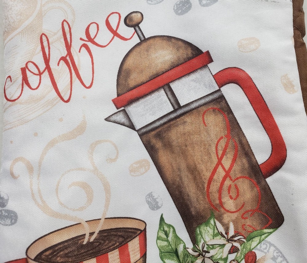 Printed Kitchen Large Oven Mitt (12") TEAPOT & COFFEE CUP, brown back, K&C
