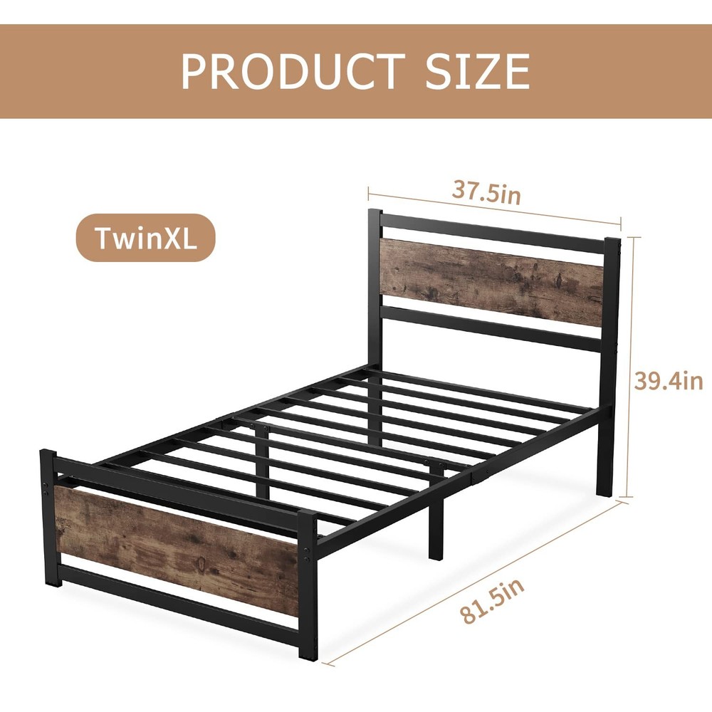 Bed Frame with Wooden Headboard, No Spring Needed, Heavy Duty Metal Bed Frame...