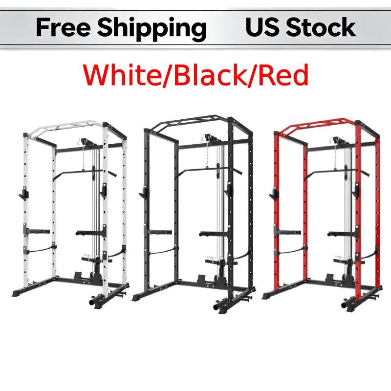 Squat Rack Power Cage LAT Pulldown Cable Pulley J-Hooks Dip Bars Landmine Home