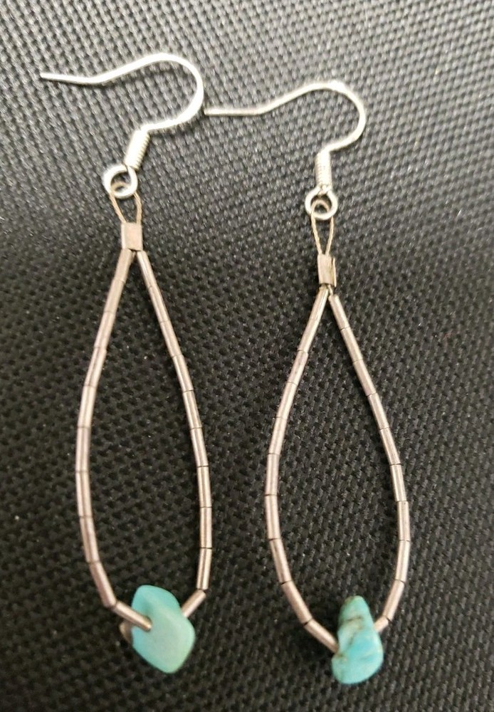 STERLING SILVER & TURQUOISE DANGLE EARRINGS 2 1/2".