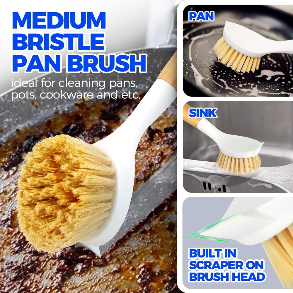 Holikme 3 Pack Dish Brush Set with Bamboo Handle, Kitchen Brushes for White