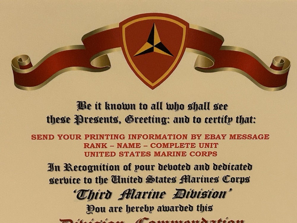 U.S.M.C. / THIRD MARINE DIVISION ~ DIVISION COMMENDATION REPLACEMENT CERTIFICATE