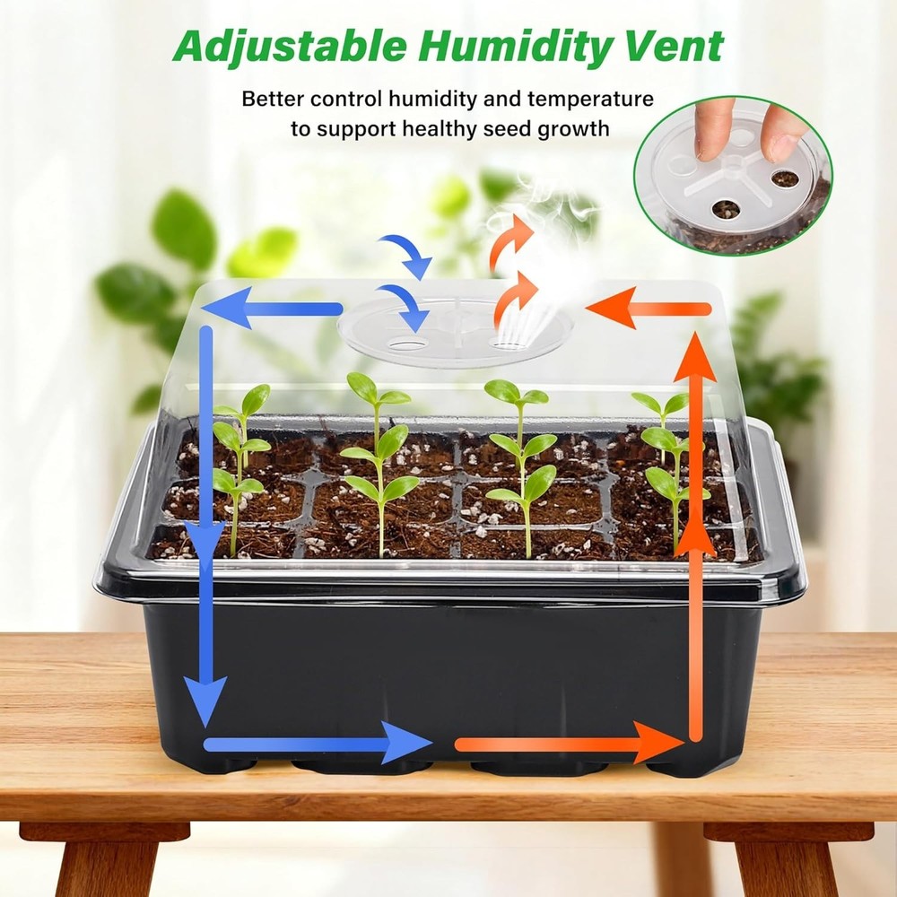 Complete Plant Starter Kit: 5 Seed Starter Trays with Drainage & Labels, Black