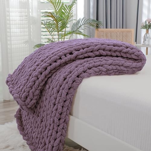Chunky Knit Throw Blanket for Couch, 40"x60" (Medium Size Throw） Winter Grape