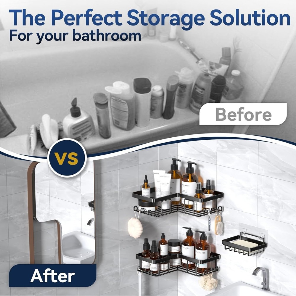 Corner Adhesive Shower Caddy, with Soap Holder and 12 Hooks, Rustproof Stainl...