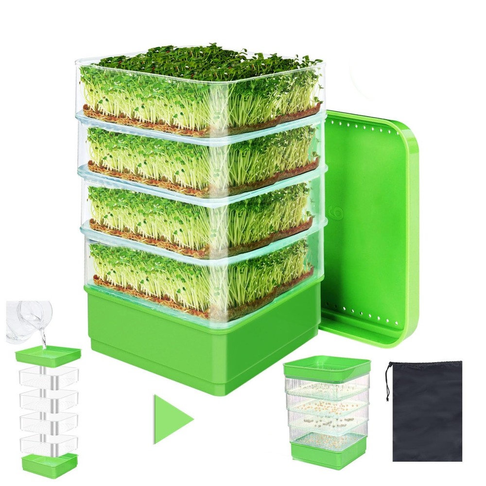4-Tier Stackable Seed Sprouting Kit with Drain Holes & Tray - Organic Microgreen