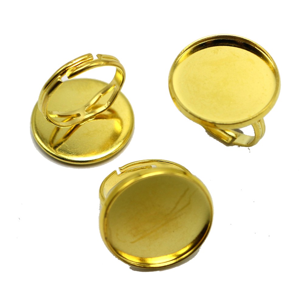 10 Pcs Brass Ring Blanks Adjustable with Round Bezel Setting Cup 10mm-20mm Gold