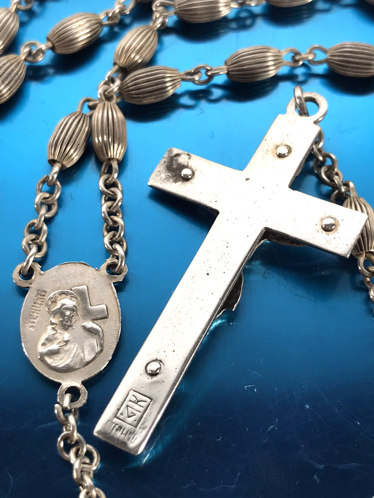 ANTIQUE ALL SOLID STERLING SILVER ROSARY by GOLDI KAPLAN - 23gm 20.5" - SWEDEN