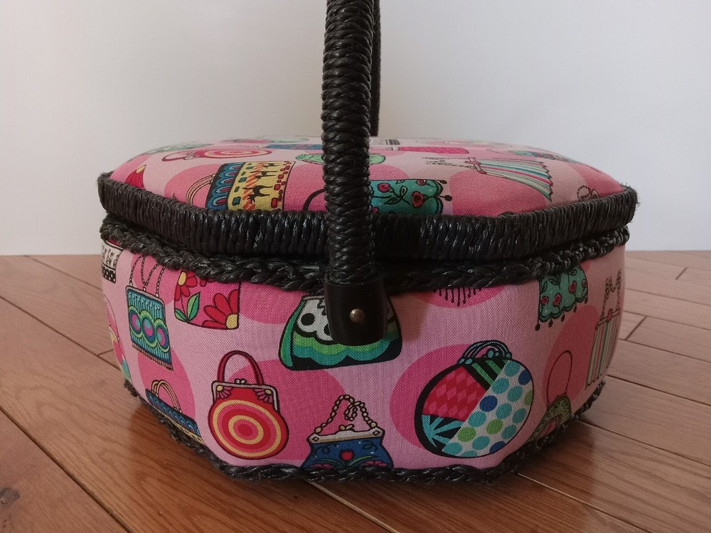 Sewing Box Hexigon Shaped Padded Pink w/ Black Wicker Handle 9" Diameter