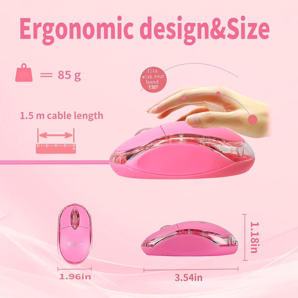 SOON GO Pink Mouse,Computer Mouse,With 1.5M Pink USB Cable - Compatible