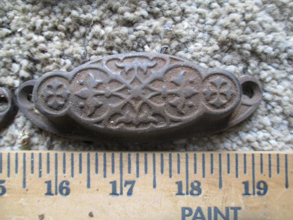2 - 1878 Ornate Victorian cast iron Window pulls cabinet cupboard drawer