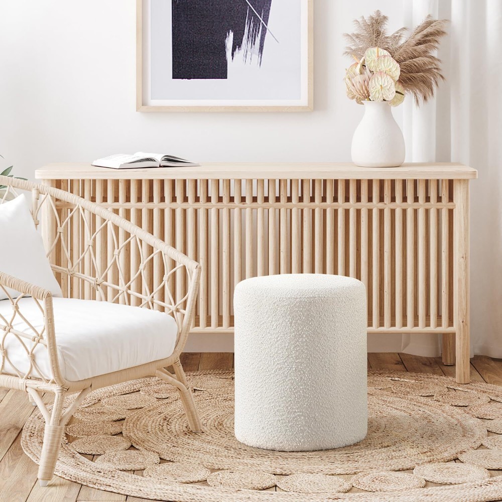 Modern Round Ottoman with Soft Padded Seat, Multifunctional Vanity White