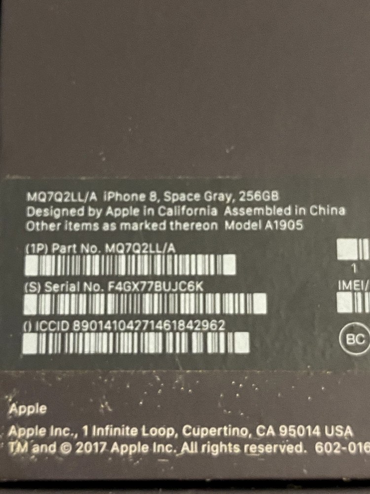Iphone 8 Space Gray A1905 256 GB BOX ONLY
