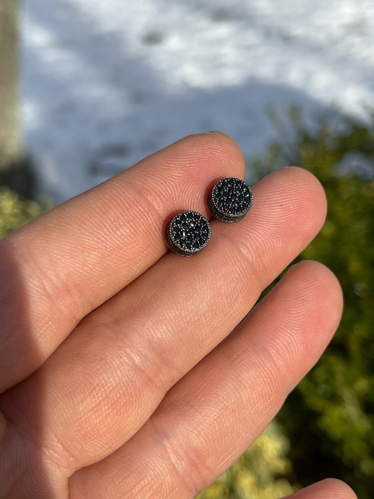 Real Solid 925 Sterling Silver Round Cluster Earrings Black CZ Studs Iced