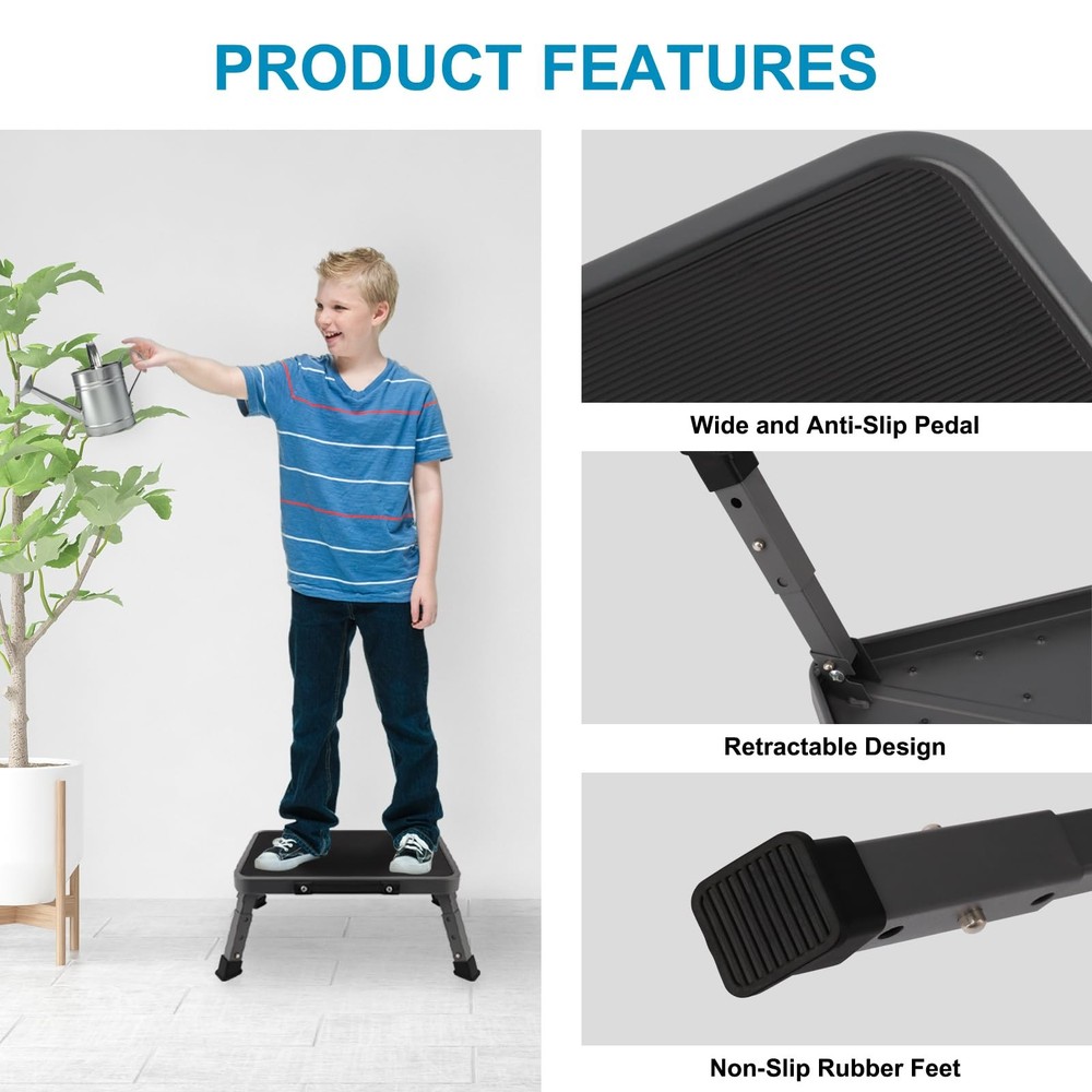 Valeo Folding Step Stool, Adjustable Stool with Non-Slip 3 level, Black