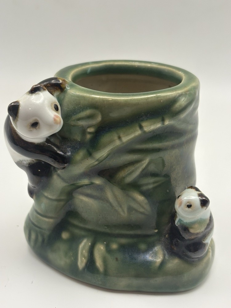 Vintage Panda Bamboo Planter 4” Green Ceramic B-252 Mid Century