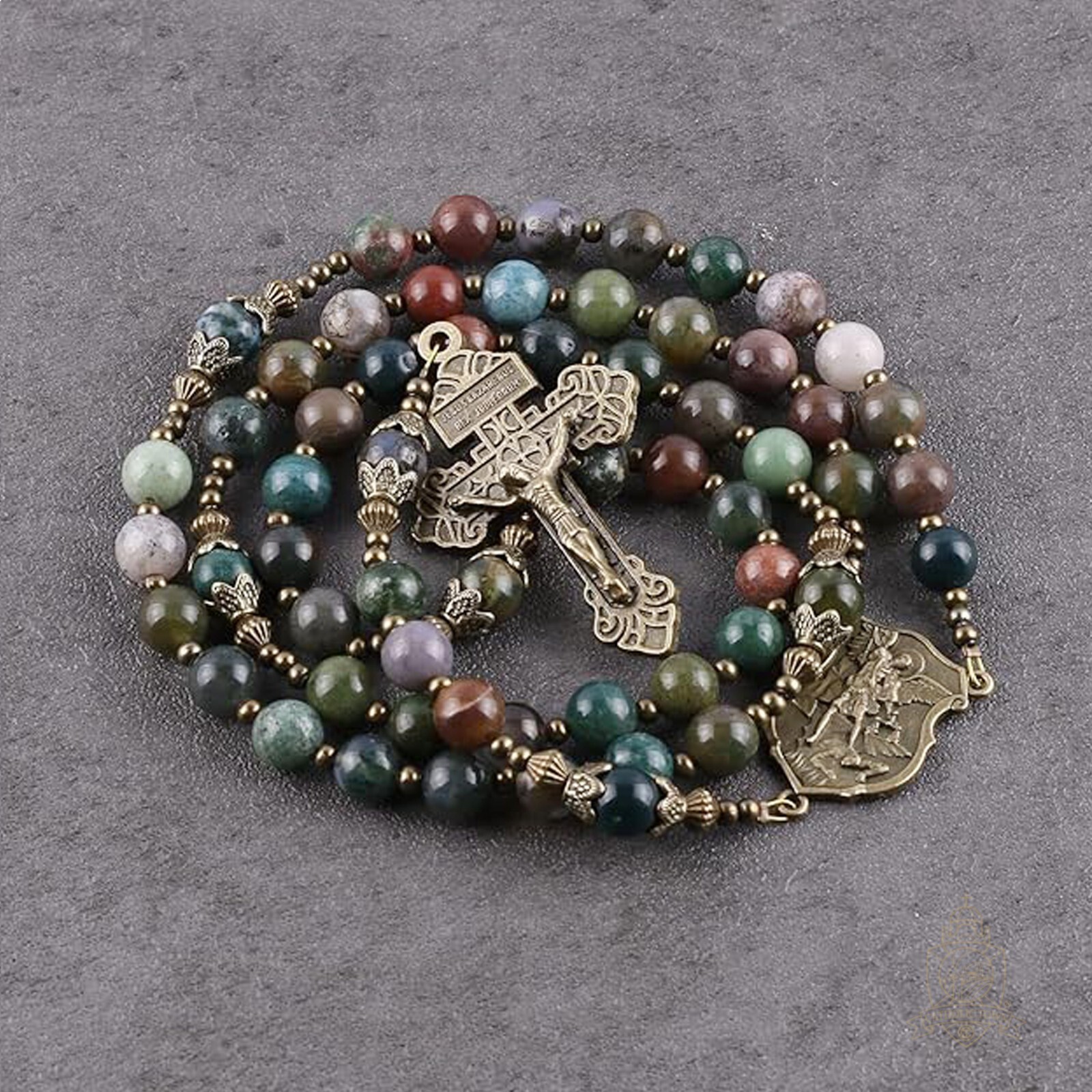 Catholic Town India Agate Natural Stone Beads, Rosary with Caps St Michael medal