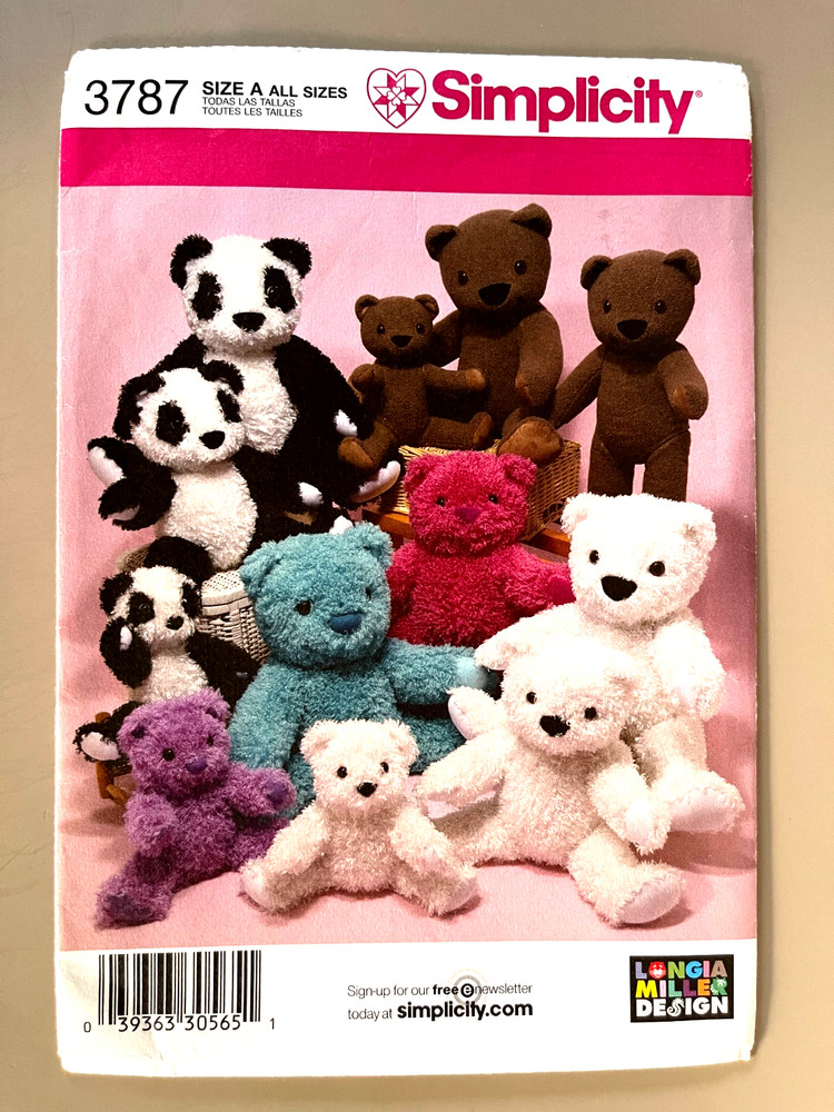Simplicity Stuffed Bears Pattern 3787 Size S,M,L UNCUT