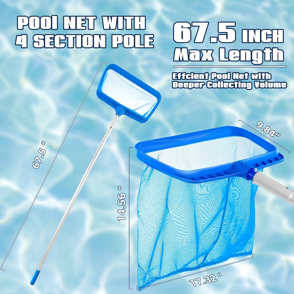 Adjustable Pool Skimmer Net with Telescopic Pole, Fine Mesh, Large Capacity