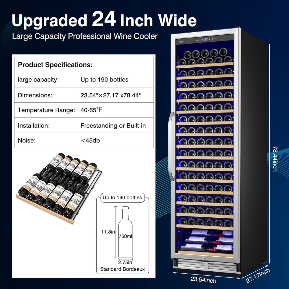 190-Bottle Wine Cooler with Professional Temp Control, Quiet & Versatile Design