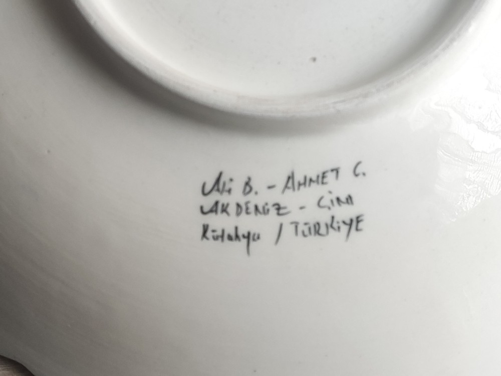 Large vintage painted ceramic plate. Turkey. Signed.