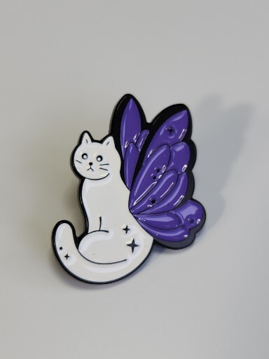 Purple Butterfly White Cat Lapel Pin